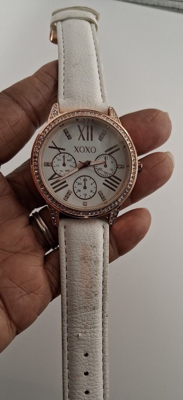 XOXO Womens Rose Gold Tone Rhinestone Watch White Strap Sub Dials XO9284
